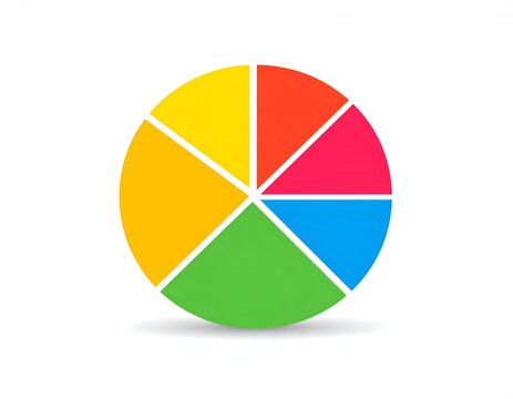 A colorful pie chart with six segments of different colors on a white background view