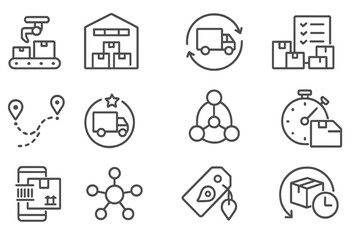 Fototapeta premium E-commerce Logistics Icons. Line style round icons of e-commerce logistics: packing station, fulfillment center, carrier selection