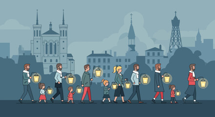This flat design vector illustration depicts a heartwarming lantern procession, a traditional aspect of the Fête des Lumières in Lyon, showcasing diverse participants carrying glowing lanterns.  © tika
