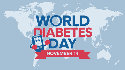 Vector art of world diabetes day november 14th with cartoon blood glucose meter and world map background