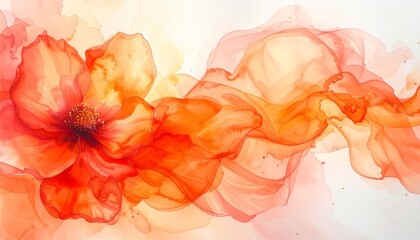 Watercolor abstract flower in flowing red and orange tones, delicate paint texture, artistic background for nature or feminine themes.