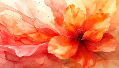 Watercolor abstract flower in flowing red and orange tones, delicate paint texture, artistic background for nature or feminine themes.
