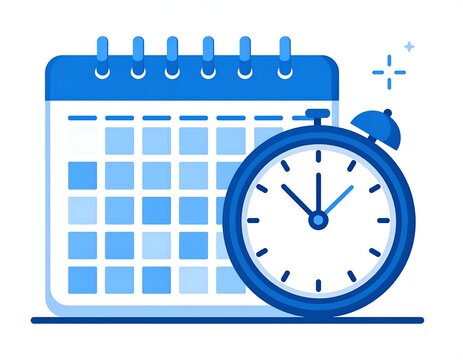A blue calendar with an alarm clock showing the time next to it in a vector illustration