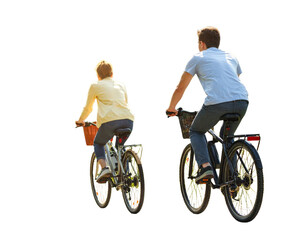 Back View of Man and Woman Riding Bicycles Together in Casual Outfit isolated on transparent background PNG