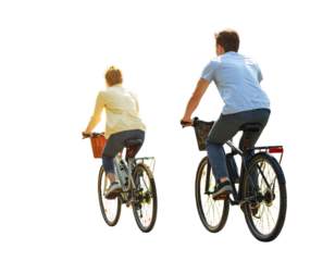Back View of Man and Woman Riding Bicycles Together in Casual Outfit isolated on transparent background PNG