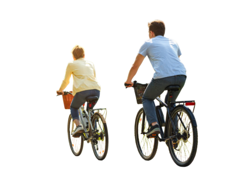 Back View of Man and Woman Riding Bicycles Together in Casual Outfit isolated on transparent background PNG