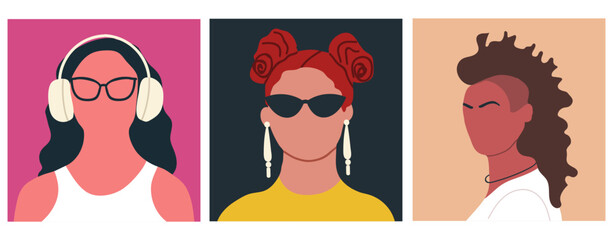 Abstract woman portraits set, avatars collection. Faceless female characters. Person posters, head avatars, hand drawn vector illustration.
