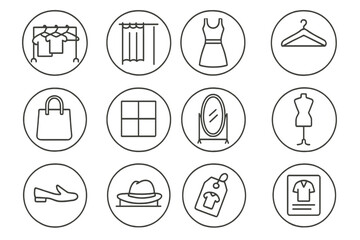 Fashion Retail Icons. Line style round icons of fashion retail: clothing rack, fitting room, dress icon, shirt hanger; shopping