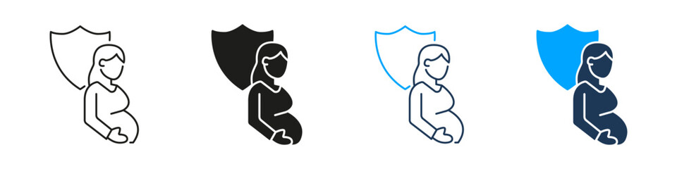 Pregnant Woman With Shield Line And Solid Icon Set. Maternity Protection And Prenatal Care Symbol Collection. Health And Safety For Expecting Mothers. Isolated Vector Illustration
