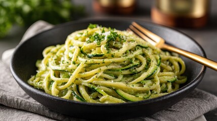 Delicious zucchini noodles mixed with creamy green pesto sauce, served in a black ceramic bowl with a golden fork on a rustic table setting.