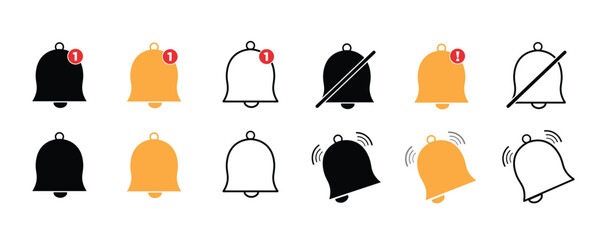 Notification bell icon set. Incoming inbox message. Ringing bell, reminder or subscriber sign for apps, smartphone, alarm alert. Vector Illustration