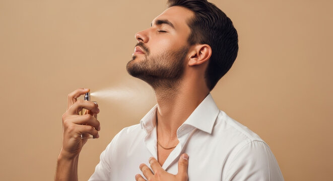 A man applies cologne to his neck with a spray bottle