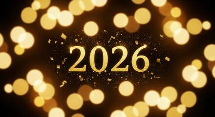 Happy New Year 2026 Celebration Background with Golden Bokeh and Confetti