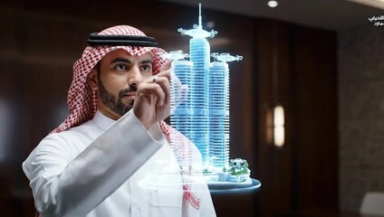 Man in traditional attire interacting with a digital skyscraper projection, concept of tech and urban design