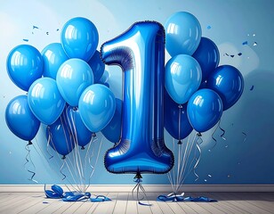 Blue balloons, number one, confetti, celebration of a milestone