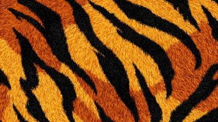 Fototapeta premium Detailed image captures the textured pattern of a tiger's coat, showcasing contrasting black stripes against a backdrop of vibrant orange and brown fur, creating a visually striking design.