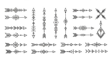 Boho Arrow Icon Set ,Hand-Drawn Tribal Geometric Arrows in Monochrome Line Art Style on White Background for Design and Decoration