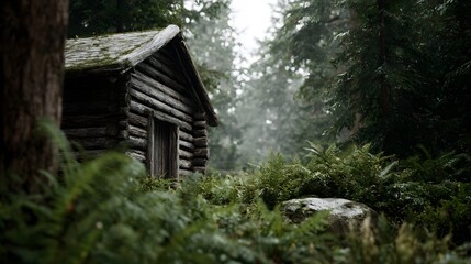 Fototapeta premium A weathered wooden cabin stands in a dense misty forest surrounded by ferns and rocks