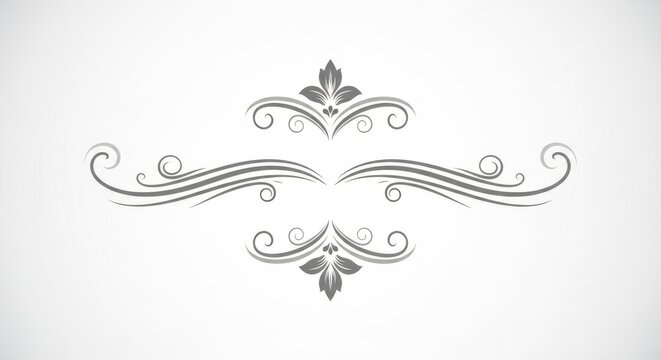 Ornamental Divider with Vintage Swirl Floral Accents in Monochrome Silver Gray on White Background for Classic Invitations and Certificates