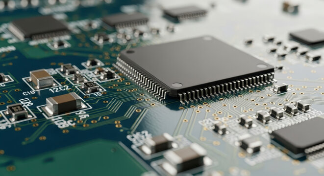 Close up of integrated circuits and electronic components on a green circuit board
