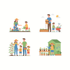 Fototapeta premium Happy Family Gardening Together in a Vibrant Backyard