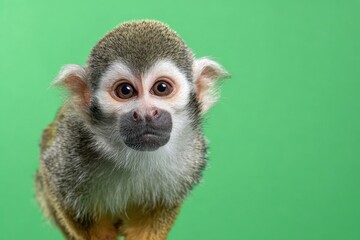 Obraz premium Cute Portrait of monkey isolated on green color background. Funny ape in front looking at the camera. Space for text. Funny animal snout on studio backdrop. Wildlife, African. Wild animals. Copy space