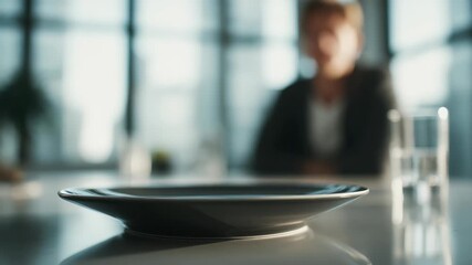 Empty plate on a modern office table with a blurred businessman in the background, symbolizing hunger, fasting, or anticipation. Contemporary workplace environment with natural daylight