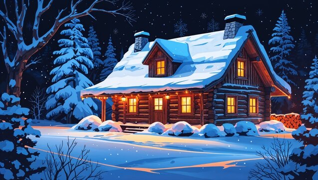 Cosy snow covered log cabin with warm lights glowing through windows vintage illustration background