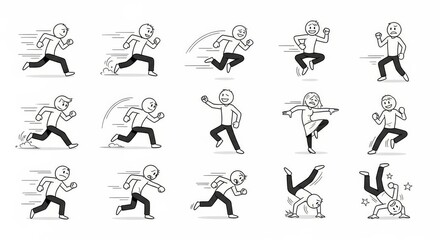 Stick Figure Collection in Dynamic Action Poses , Line Art Illustrations for Motion, Gesture, and Expression Concepts in Black and White Style