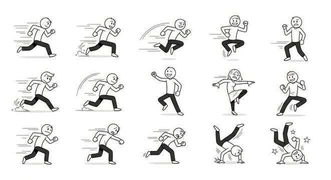 Stick Figure Collection in Dynamic Action Poses , Line Art Illustrations for Motion, Gesture, and Expression Concepts in Black and White Style