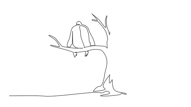 Animated self drawing of single continuous line drawing gorilla sitting on a big dry tree branch. Unable to survive. Damage. Extinct. National Endangered Species Day. Full length single line animation