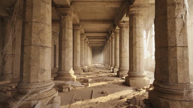 Long Dark Hallway in Abandoned Building with Weathered Stone Columns