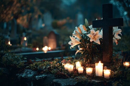 Cemetery cross draped with white lilies and ringed by glowing candles at twilight, a solemn all saints day vigil honoring the departed with quiet remembrance and hope