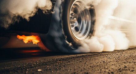 Race car peeling out and creating smoke with tire burn on drag strip burnout. Speed and performance concept footage.