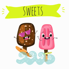 Tasty ice creams, ice-cream cones and popsicle, funny characters, hand drawn vector illustration.