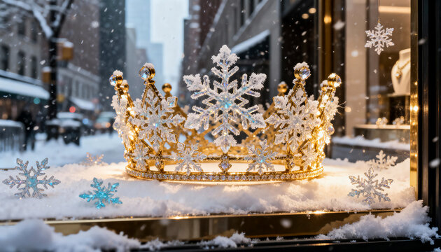 Sparkling Snowflake Crown Adorned in a Snowy Window Display