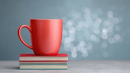 Vibrant Red Coffee Mug Stacked on Colorful Books with Blurred Background and Bokeh Effect Creating a Cozy and Inviting Atmosphere for Relaxation and Reading