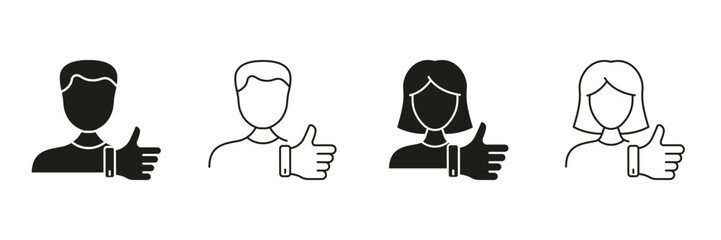 Male And Female Thumbs Up Line And Solid Icon Set. Positive Feedback, Approval, And Satisfaction Silhouette Symbol Collection. User Interaction And Engagement. Isolated Vector Illustration