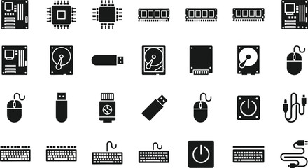 Collection of computer hardware icons including processors memory drives and peripherals isolated on transparent background