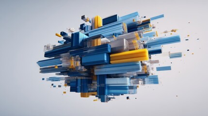 Dynamic abstract composition with globe-like cluster of colorful rectangular blocks, ribbons in cool blue tones, symbolizing data flow, technology networks, digital connectivity for tech presentations