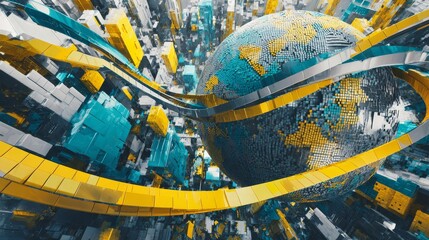 Dynamic abstract composition with globe-like cluster of colorful rectangular blocks, ribbons in cool blue tones, symbolizing data flow, technology networks, digital connectivity for tech presentations