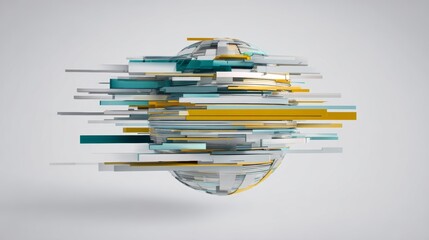 Dynamic abstract composition with globe-like cluster of colorful rectangular blocks, ribbons in cool blue tones, symbolizing data flow, technology networks, digital connectivity for tech presentations