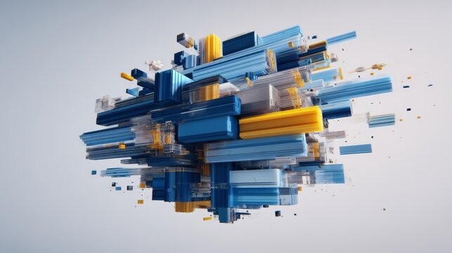 Dynamic abstract composition with globe-like cluster of colorful rectangular blocks, ribbons in cool blue tones, symbolizing data flow, technology networks, digital connectivity for tech presentations