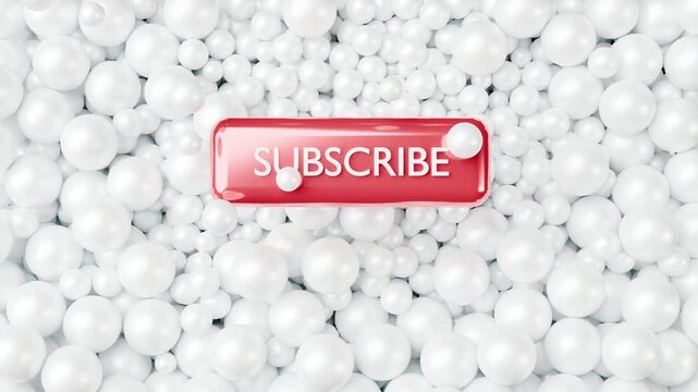 White spheres fill the screen in a clean, minimalist style, revealing a bright red 3D Subscribe button in the center. Modern 4K animation with alpha channel, perfect for YouTube intro and outro