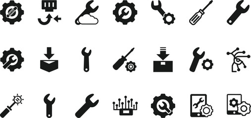 Collection of black and white icons representing tools gears and technical support services isolated on transparent background