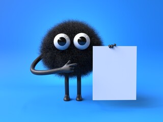 Fluffy, cute monster holds a blank sign, symbolizes information and advertising display. 3D rendering, conceptual image. Isolated on white background.