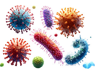 
 Colorful Microbial Organisms Collection in Scientific Visualization Style isolated on transparent background 
