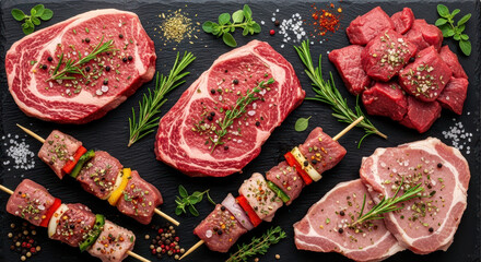 Assortment of Fresh Raw Meat Cuts for Gourmet Cooking and Grilling