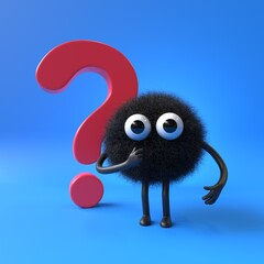 Fluffy, cute monster beside a question mark, symbolizing inquiry or curiosity. 3D rendering, conceptual image. Isolated on white background.
