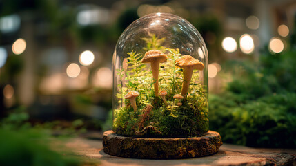 Fototapeta premium Mushroom and fern ecosystem inside glass dome on table.